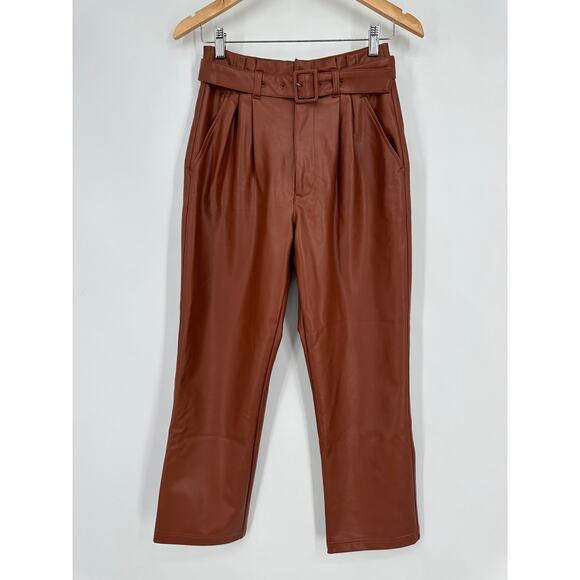 Abercrombie & Fitch Paperbag Belted Straight Leg Pants Faux Leather, Brown NWT - Picture 9 of 12